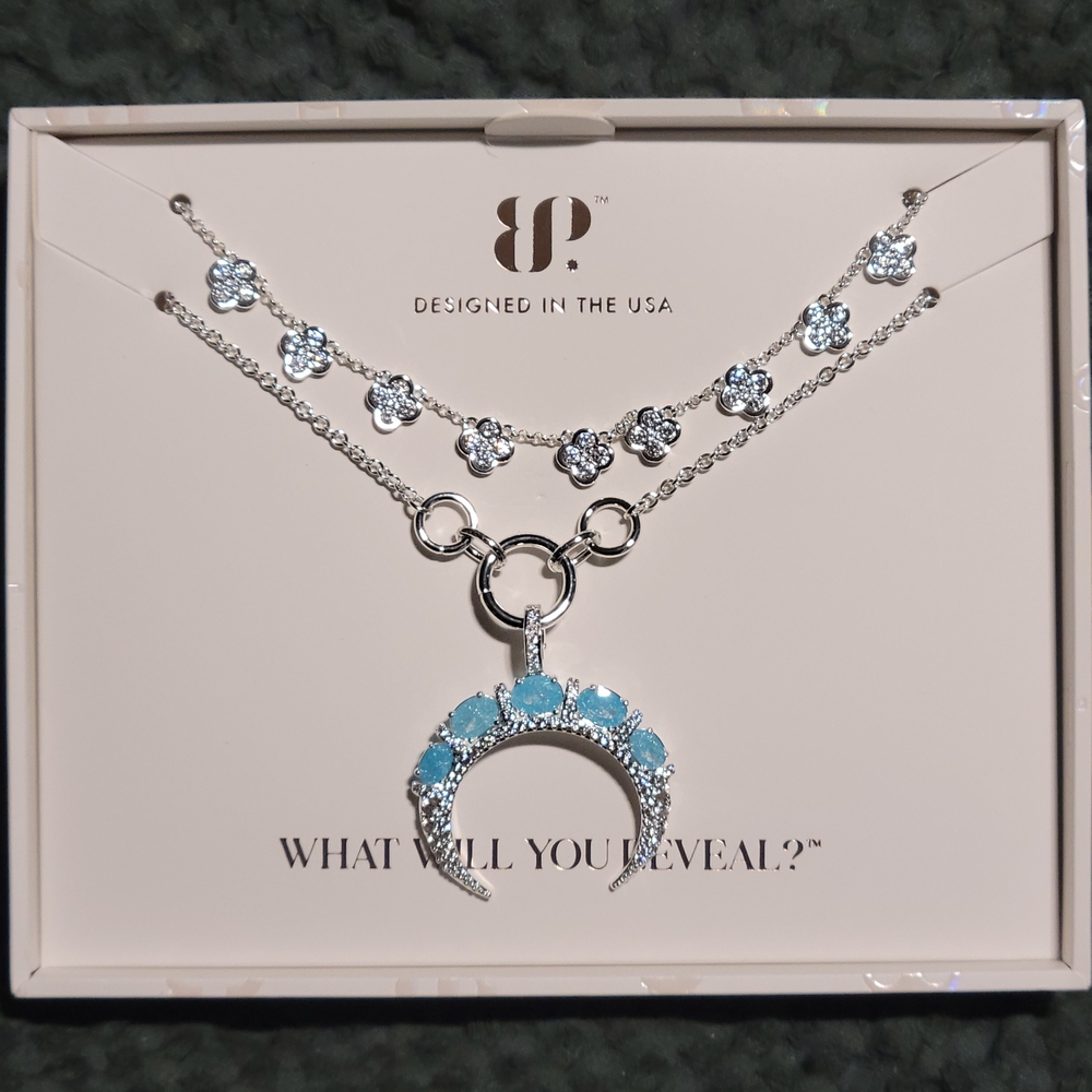 Silver Double-Layer Necklace with Aqua Blue Crescent Pendant